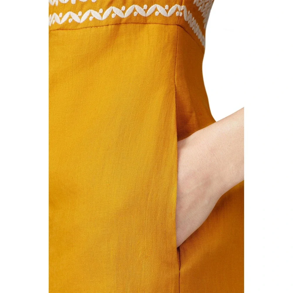 Boden Laura Linen Embroidered Mustard Yellow Linen Shift Dress US 8R